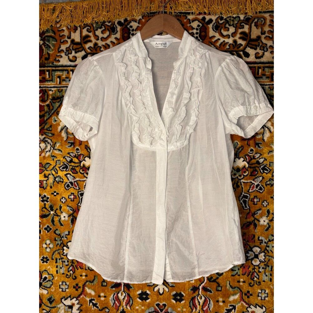 Marks & Spencer Autograph Cotton Silk Ruffle Blouse Sheer White UK 14 / US M